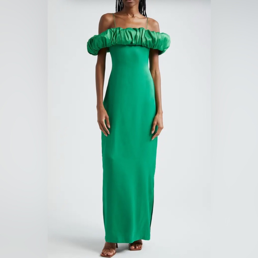$475 ORIRE Amella Cold Shoulder Column Gown Elegant Green Off-Shoulder SZ 12 - Picture 3 of 10